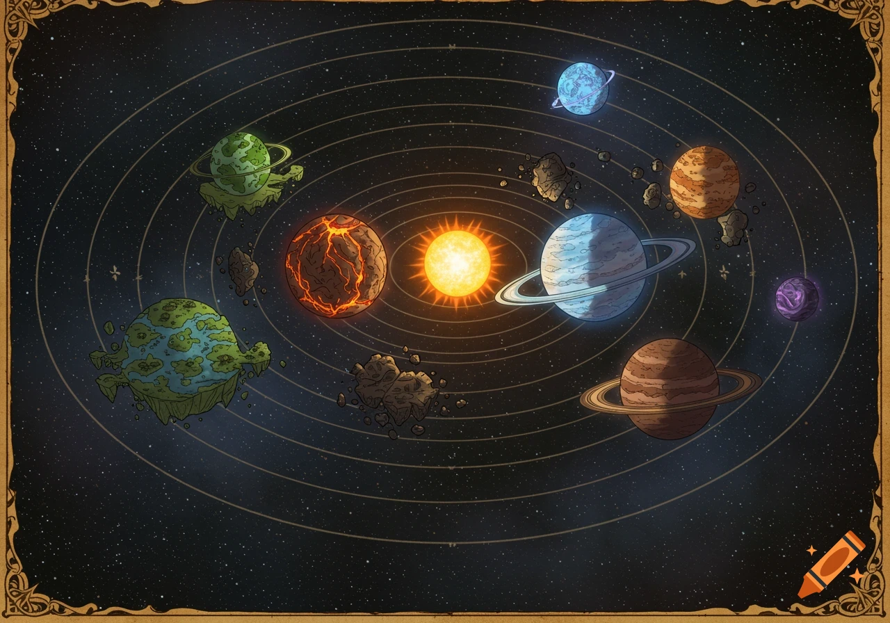A stylized fantasy star map on parchment paper, showing a solar system with a glowing sun, six distinct planets, and an asteroid belt.
