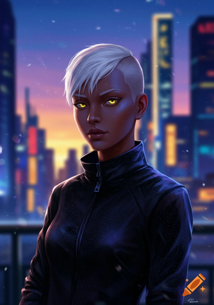 Digital art portrait of a woman with short white hair and glowing yellow eyes, wearing a black jacket, against a blurred city at dusk.