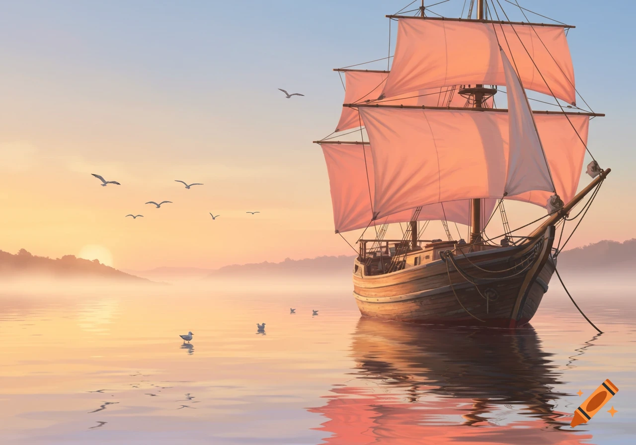 A sailboat with large pink sails floats on calm, reflective water during a colorful sunrise or sunset, with birds flying overhead and misty hills in the distance.