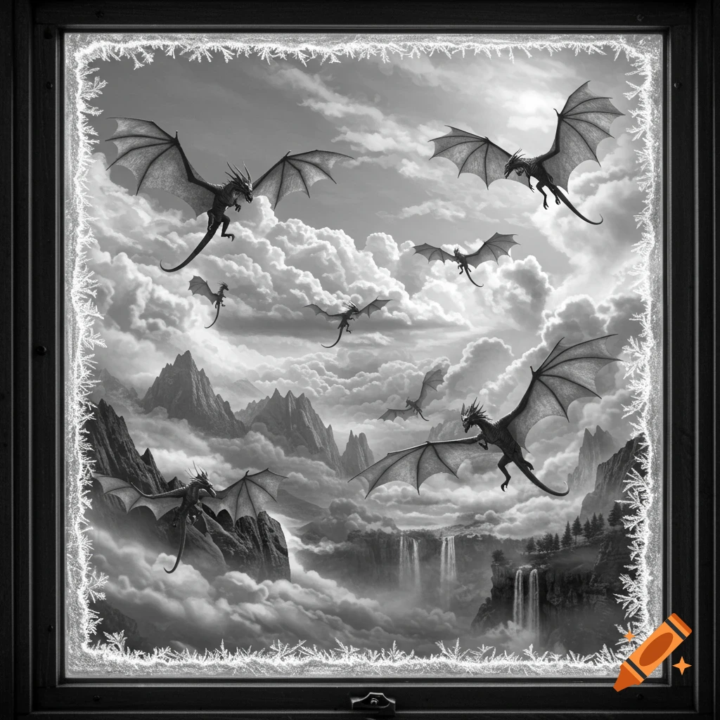 Black and white image of several dragons flying over mountains and waterfalls, seen through a frosted window.