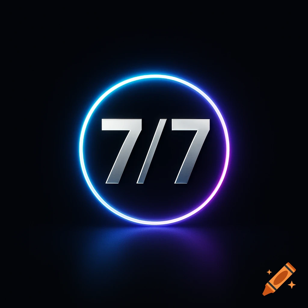Metallic '7/7' numbers inside a glowing blue and purple neon circle on a dark background.