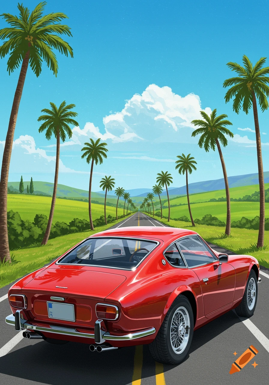 Red sports car drives on a long road lined with palm trees under a blue sky, in an illustration style.