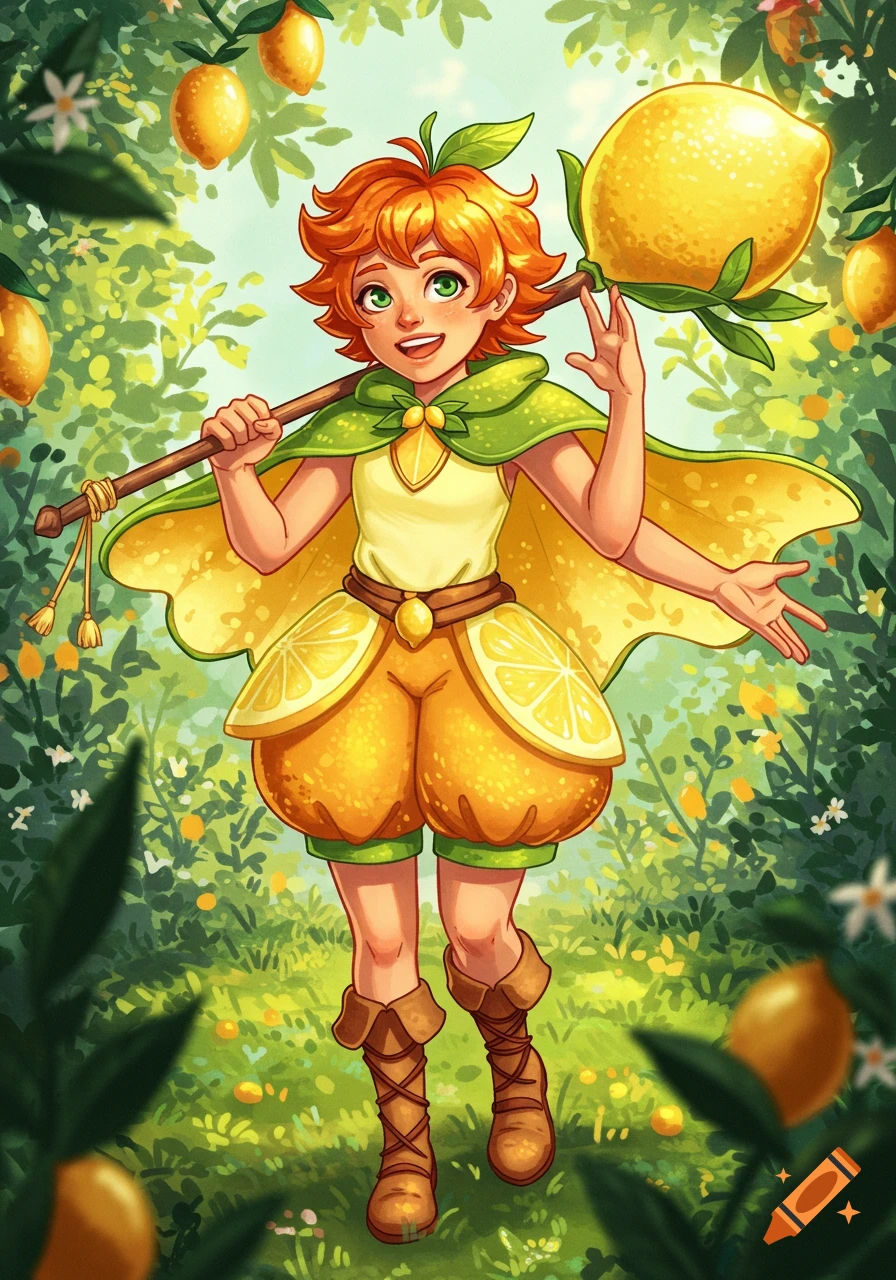 A cheerful character with orange hair dressed in a lemon-themed outfit, holding a giant lemon on a staff in a lush lemon grove.