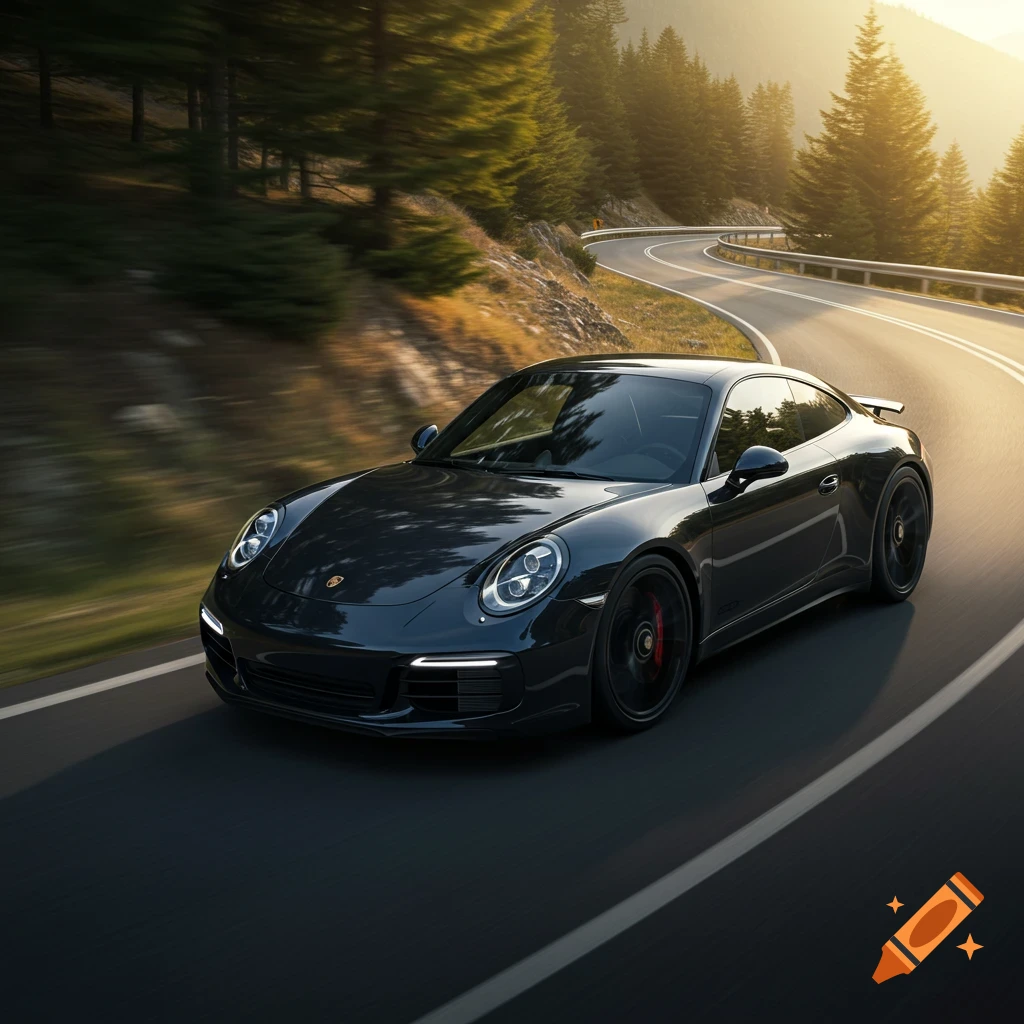 A dark gray Porsche sports car drives around a winding mountain road at sunset, with tall pine trees on the hillsides.