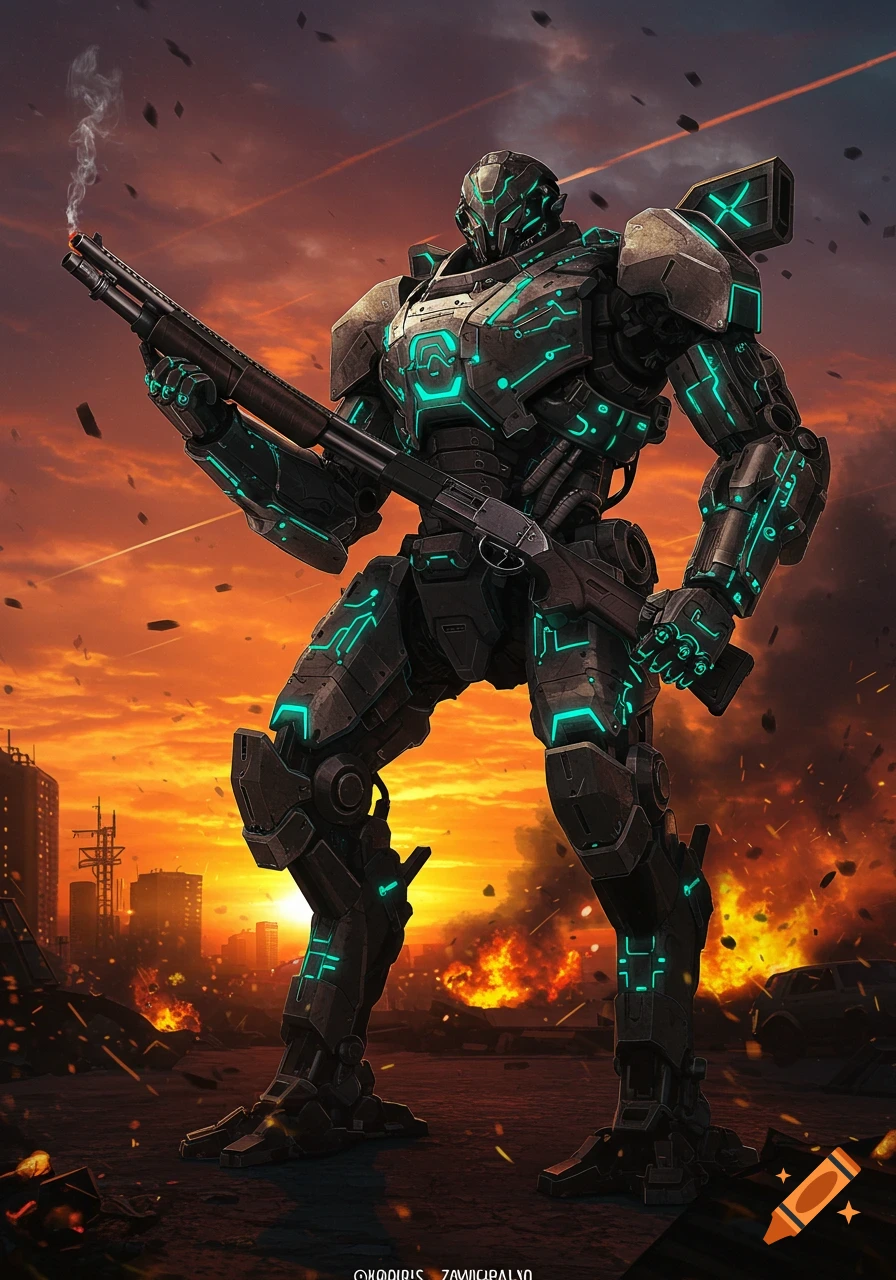 A powerful sci-fi mech robot with glowing teal circuits holds a shotgun in a burning, ruined city at sunset.