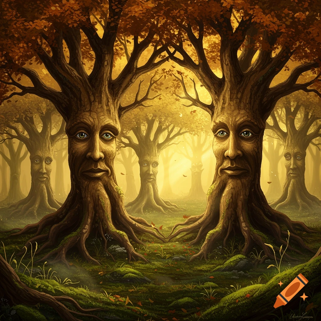 Golden autumnal forest with anthropomorphic trees, their trunks featuring detailed human faces.