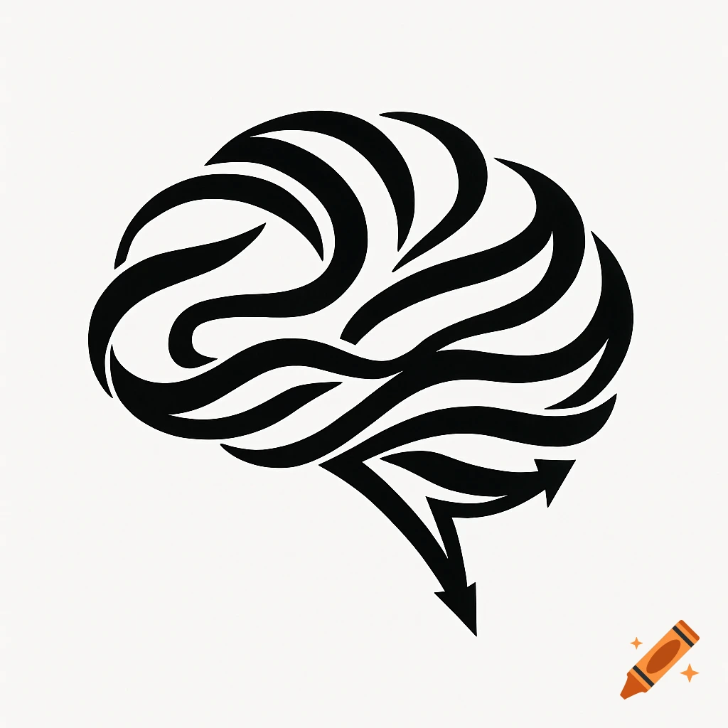 Stylized black and white brain logo formed by ribbons and arrows.