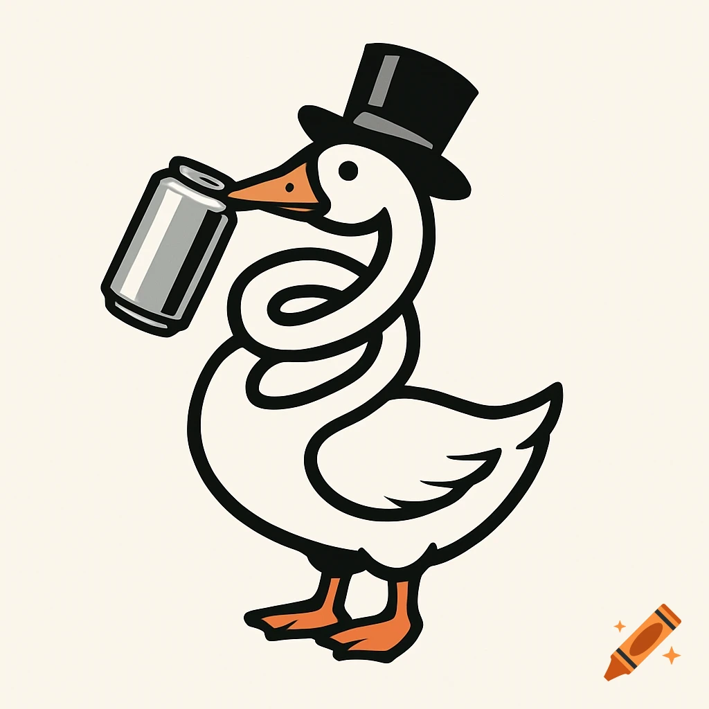 A whimsical goose with a spiral neck holding a can in its beak and wearing a top hat, in a clean logo style.