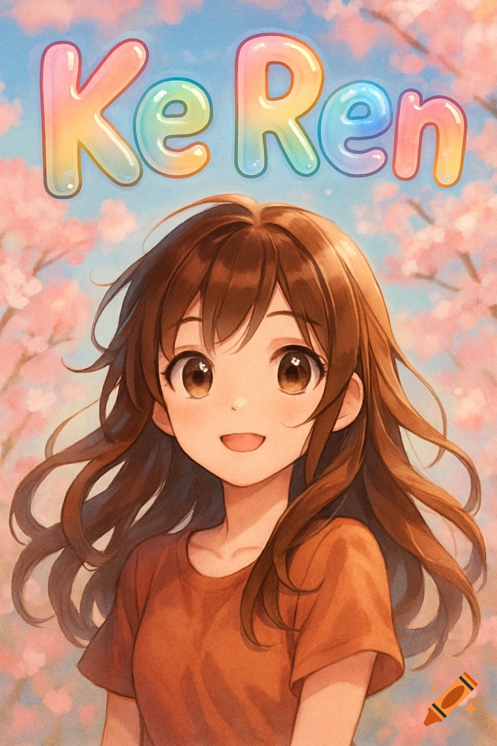 Anime girl with long brown hair and big brown eyes smiling under a sky with cherry blossoms, text 'Ke Ren' above her.
