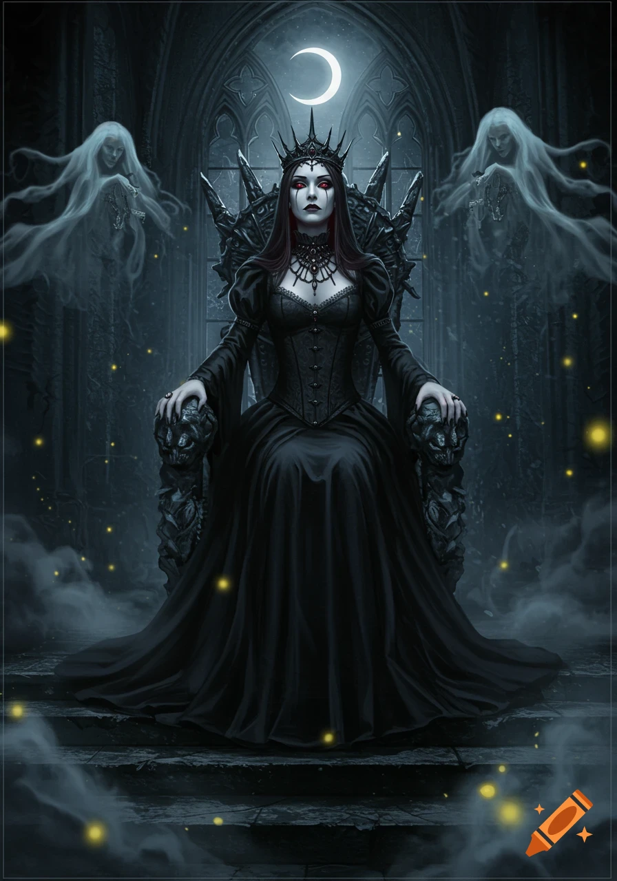 A gothic queen with red eyes and a dark crown sits on an ornate throne in a dark castle, flanked by two ethereal specters under a crescent moon. Fantasy art.