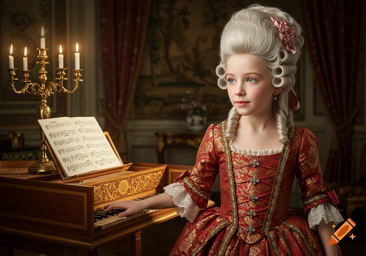 A young girl in a red baroque gown and tall powdered wig plays a harpsichord in a candlelit room, photorealistic style.