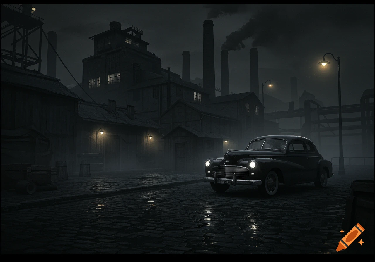A black vintage car parked on a wet cobblestone street in a dark, foggy factory area at night, in a noir style.