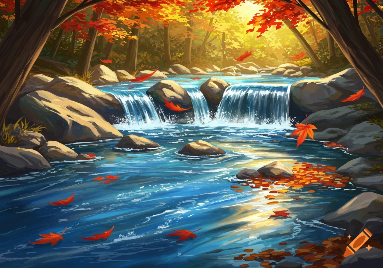 A vibrant digital painting of a rocky river with multiple waterfalls, framed by autumn trees with red and orange leaves, under a sunlit sky.