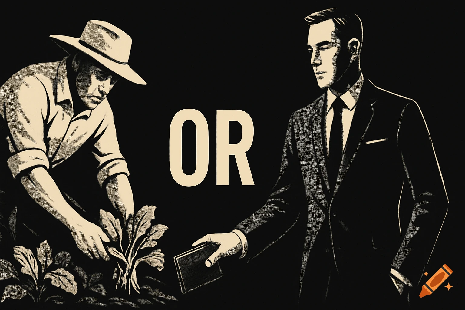 A black and white graphic illustration comparing a farm worker tending plants on the left and a businessman reaching for a wallet on the right, with 'OR' in the center.