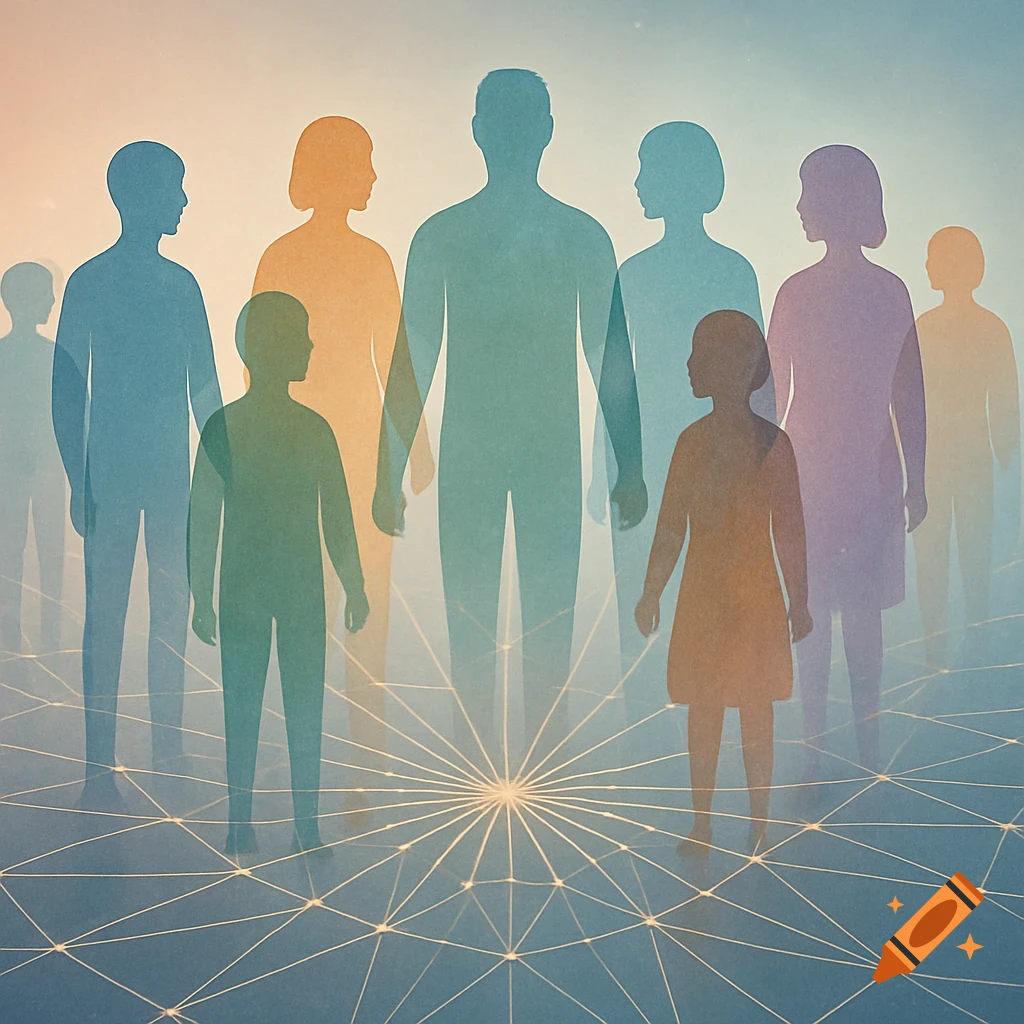 Translucent, colorful silhouettes of diverse people stand on an illuminated network grid against a gradient background.