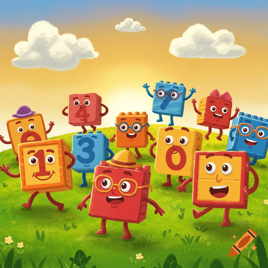 Cartoon illustration of anthropomorphic number blocks (1, 3, 4, 7, 0) with smiling faces, arms, and legs, playing on a green grassy hill under a bright sky with clouds.