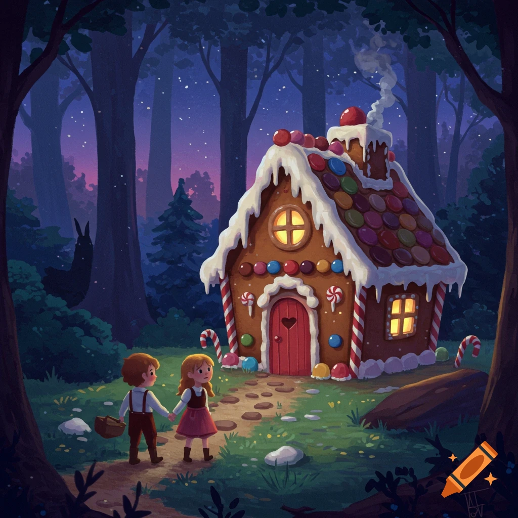 Hansel and Gretel walk towards a candy-decorated gingerbread house in a dark, enchanting forest at night, storybook illustration.