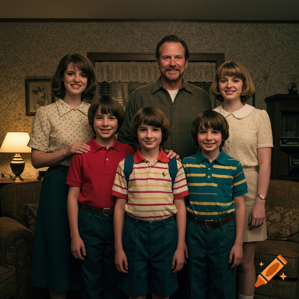 A photorealistic family portrait of six people, including two adults and four children, standing in a cozy living room.