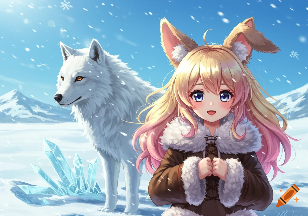 An anime girl with bunny/cat ears and blonde and pink hair stands in a snowy landscape with an arctic wolf and ice crystals.