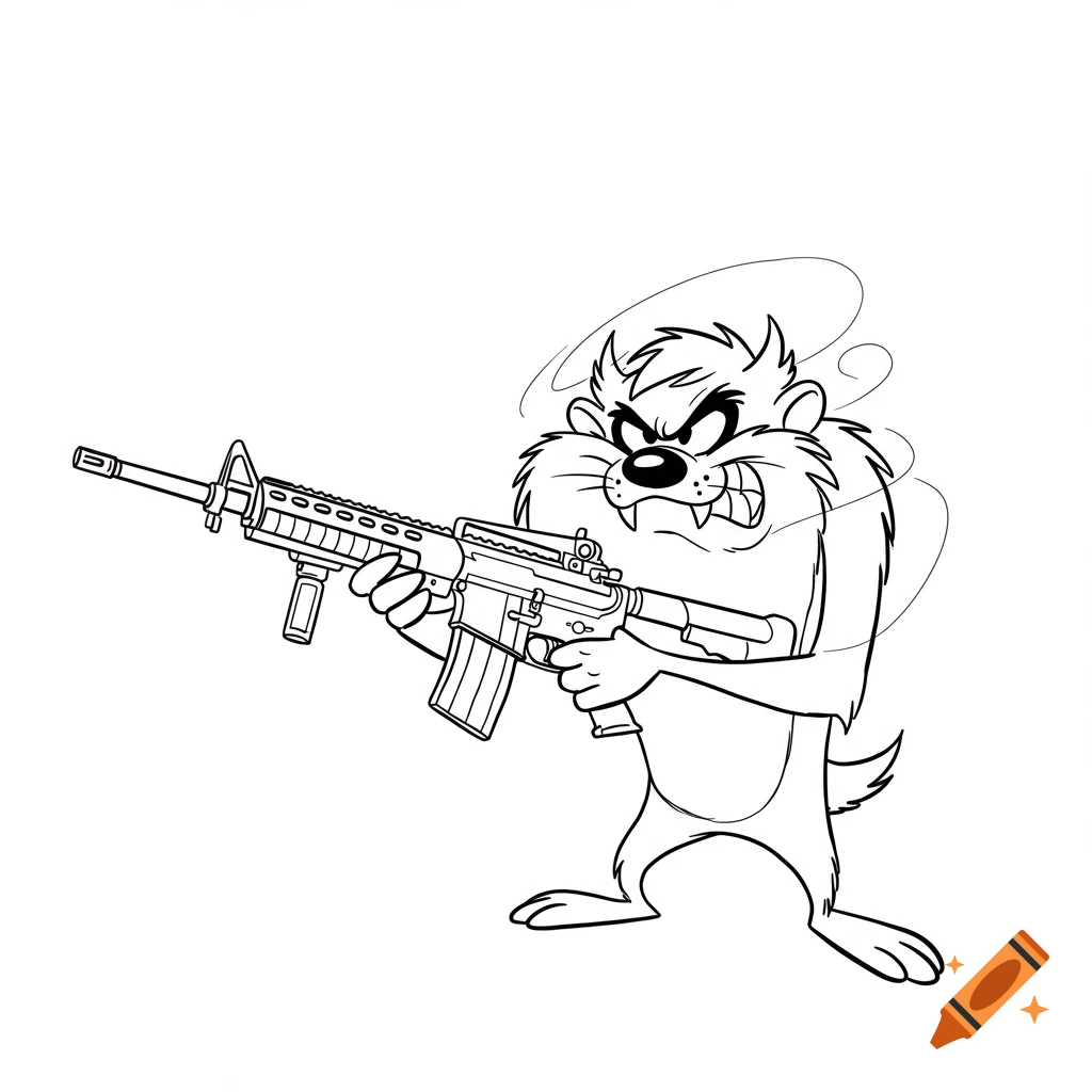 Angry Looney Tunes Tasmanian Devil cartoon holding an AR-15 rifle, drawn in a black and white outline.