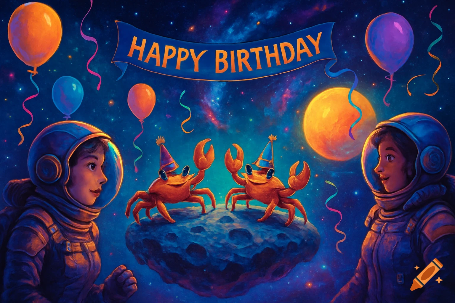 Two astronauts watch two crabs in party hats on an asteroid in space, with a 'Happy Birthday' banner, balloons, and a planet in the background.