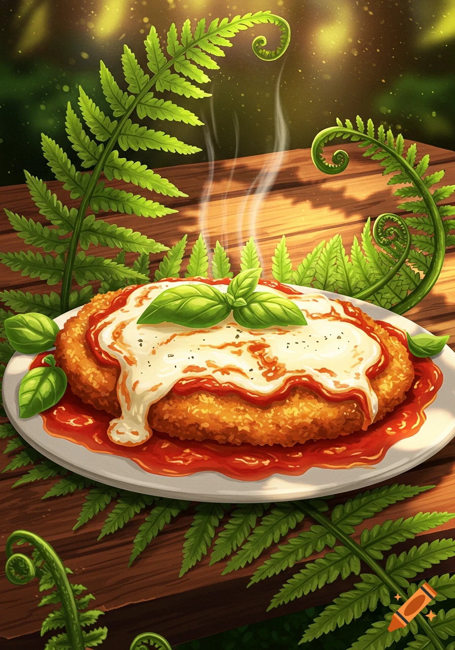 Illustrated chicken parm dish topped with melted cheese, tomato sauce, and basil, steaming on a wooden table surrounded by vibrant green ferns.