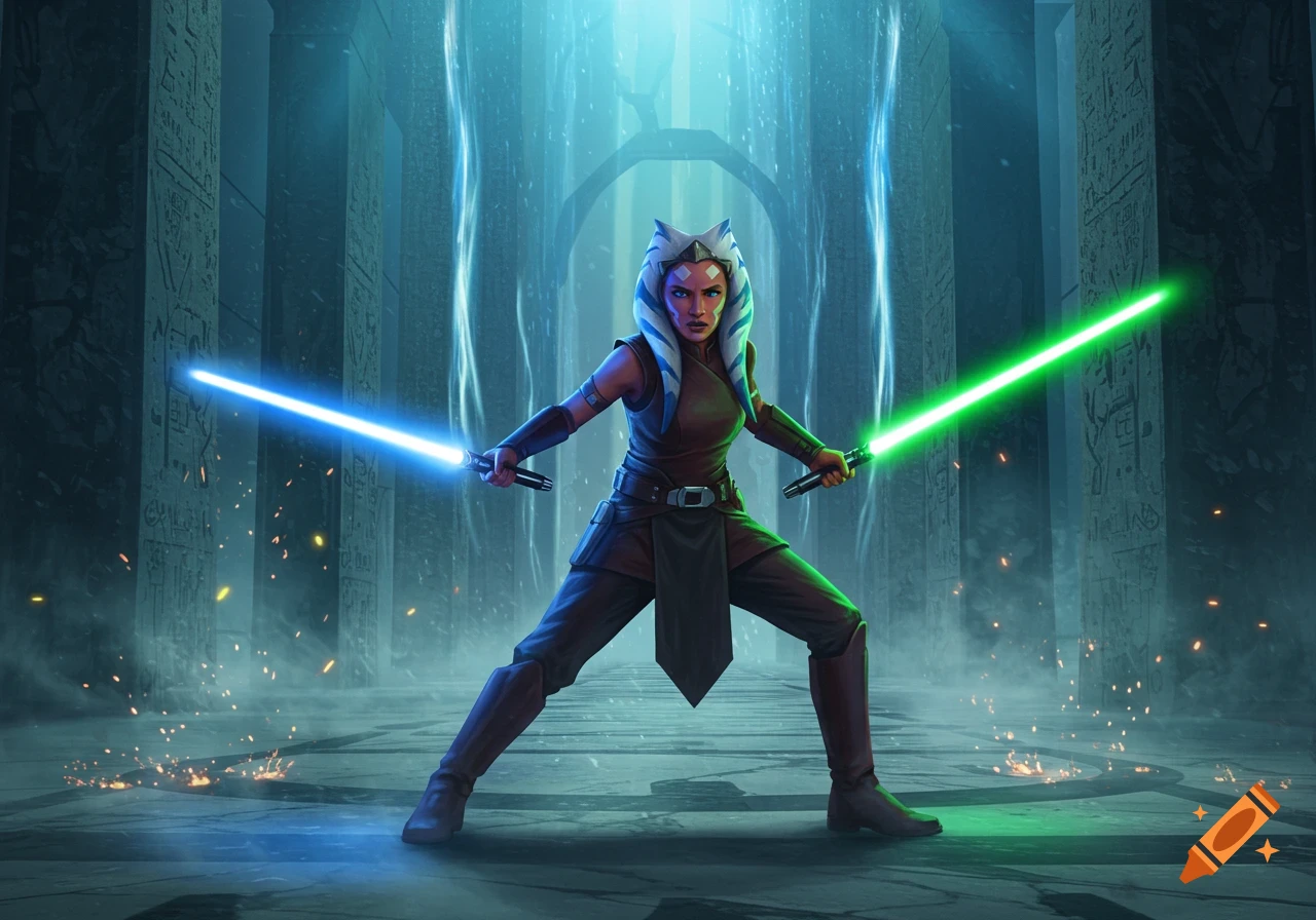 Ahsoka Tano stands in a dark, glowing temple, dual-wielding a blue and a green lightsaber in a digital illustration.