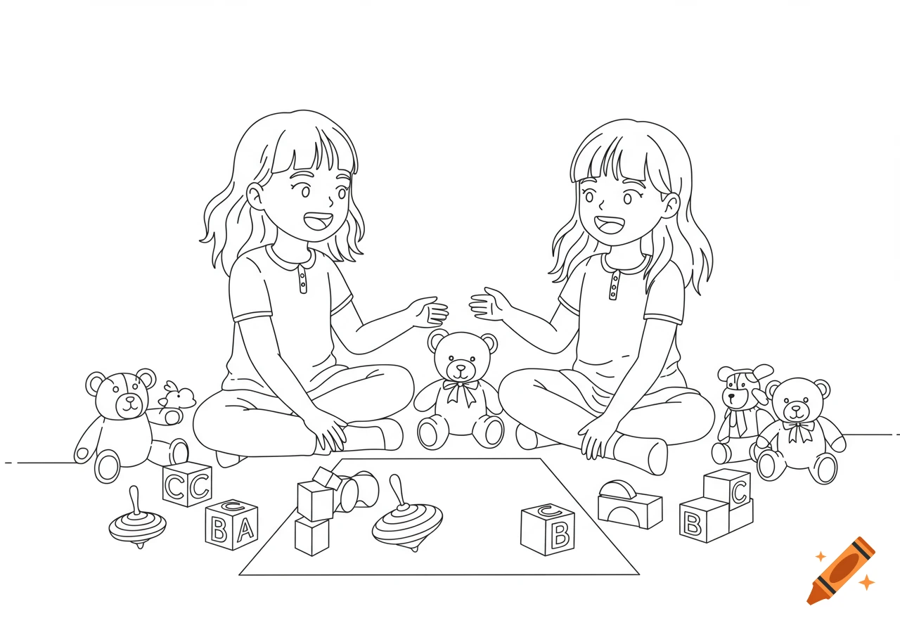 Two girls sit on the floor playing with toys including teddy bears and blocks, in a black and white coloring book line art style.