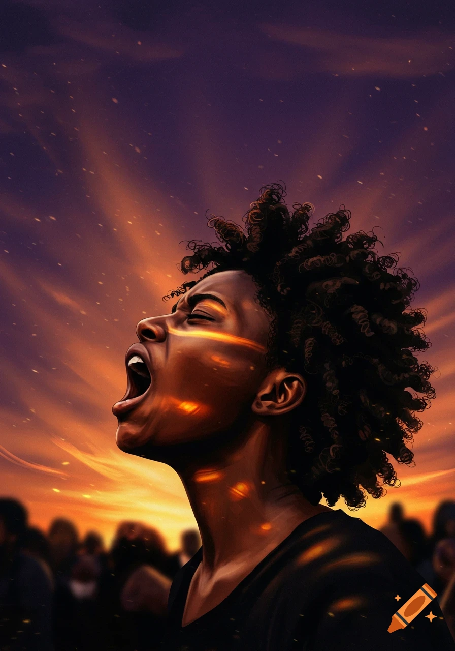 A screaming Black woman with curly hair looks up, her face and body illuminated by dramatic orange and purple sunset light.