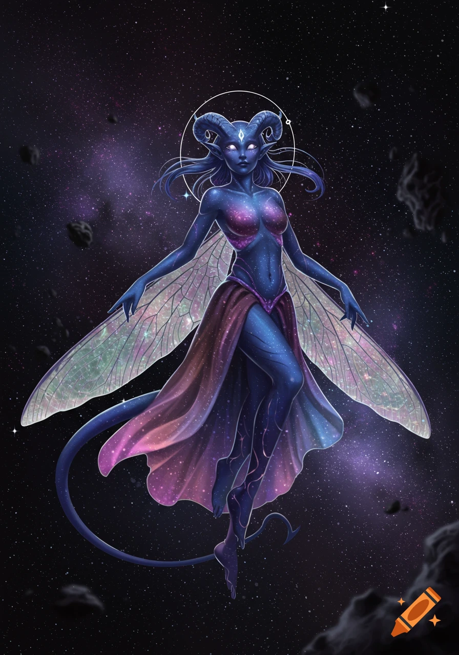 A blue-skinned alien goddess with horns, glowing eyes, insect-like wings, and a tail floats in space, surrounded by stars.
