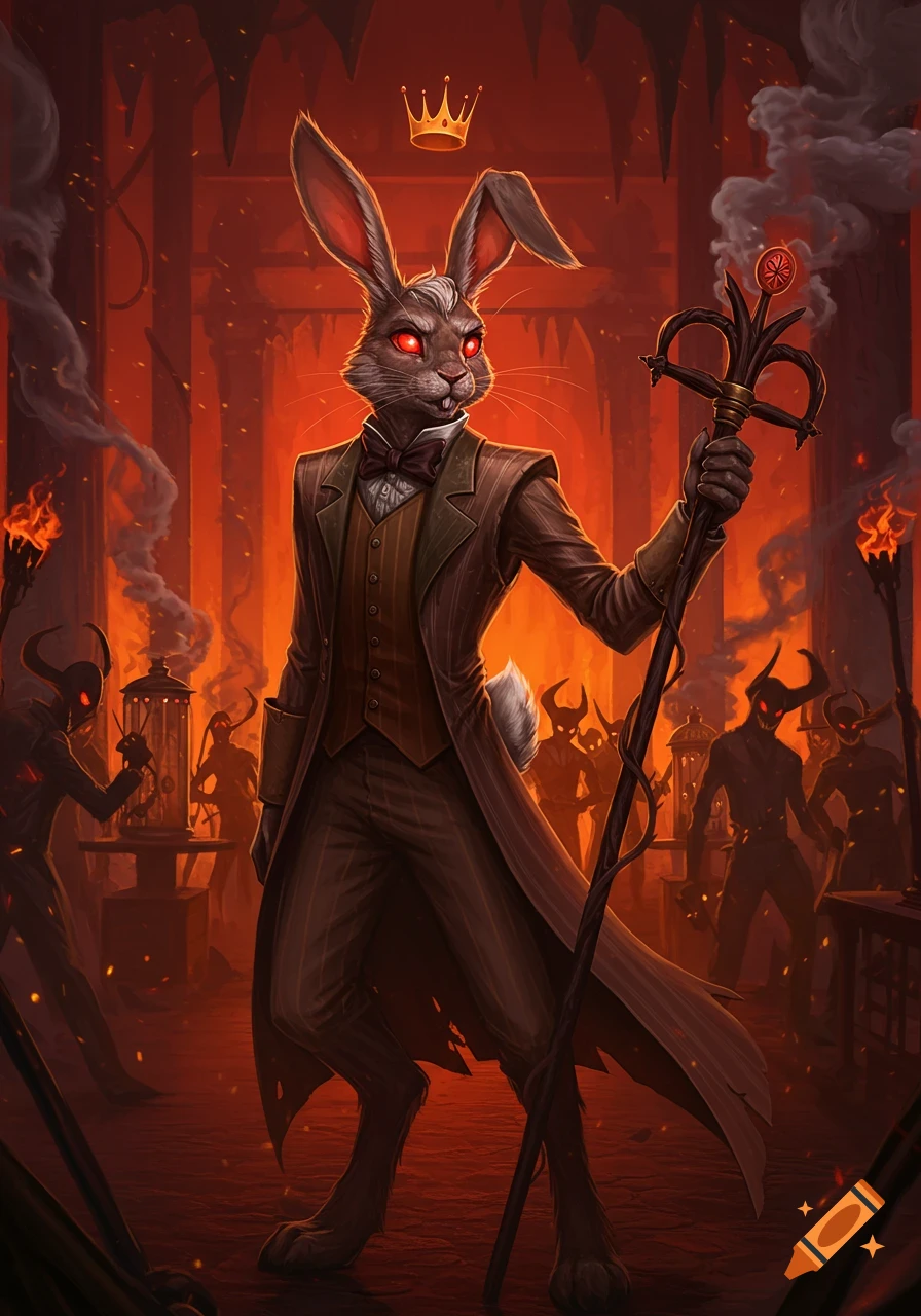 A regal, rabbit-like demon king in a pinstripe suit and bowtie, with glowing red eyes, holds a staff in a hellish, red-lit chamber filled with silhouetted demons.
