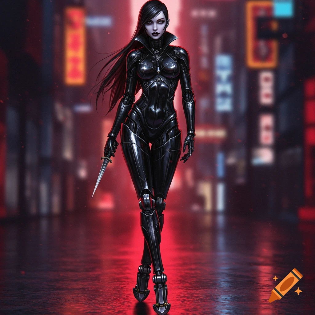 A stoic femme fatale in sleek black armor with polished chrome robotic legs holds a dagger, walking through a neon-lit cyberpunk city street.
