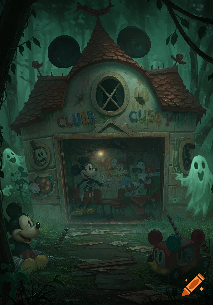 A dark, eerie illustration of an abandoned, decaying Mickey Mouse clubhouse in a gloomy forest, with creepy Mickey and Minnie figures and glowing ghosts.