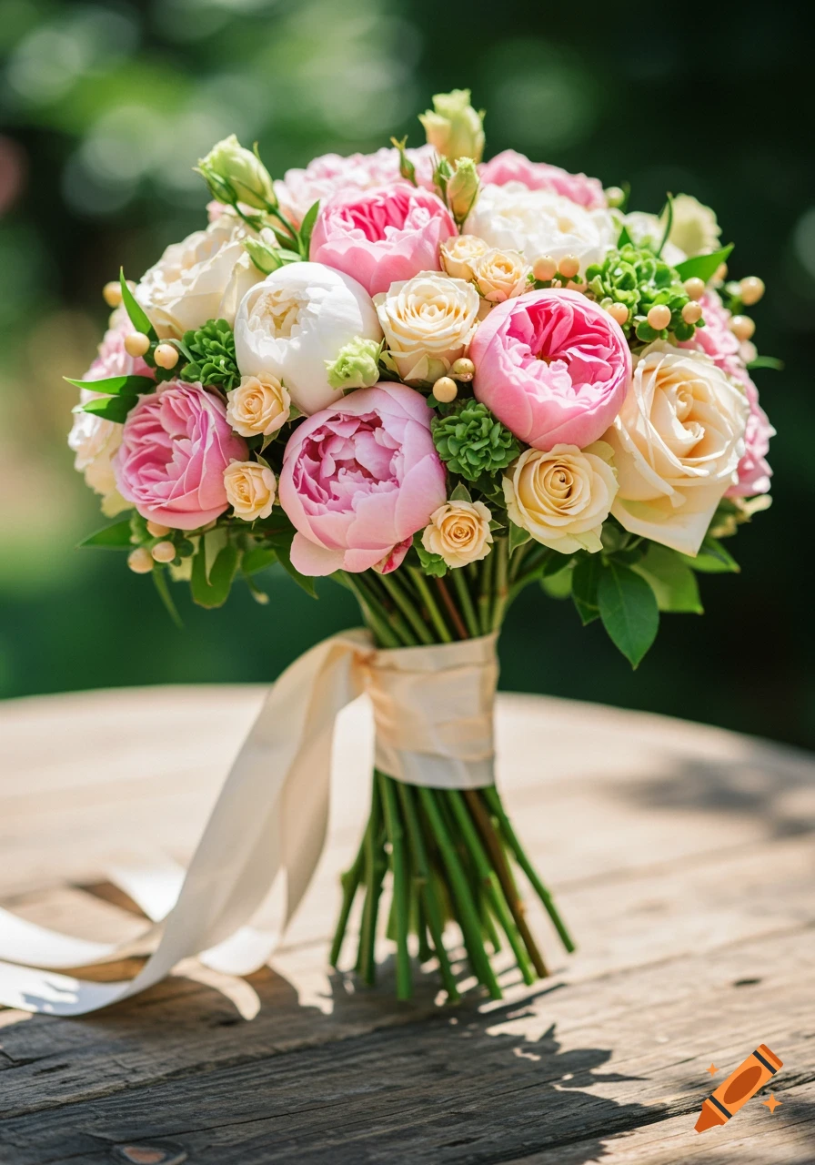 A vibrant bouquet of pink peonies and cream roses with a light ribbon on a rustic wooden table.