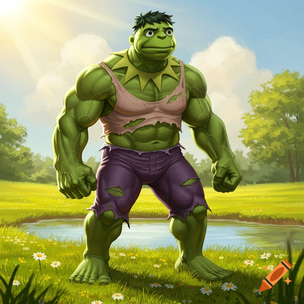 A muscular, green Kermit the Frog resembling Hulk, wearing torn pink and purple clothes, stands in a sunny field with a pond.