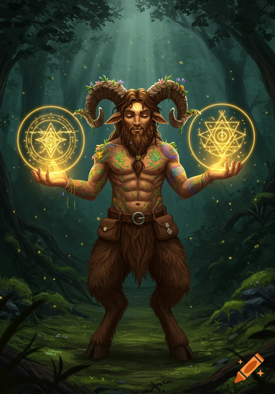 A friendly satyr cleric with ram horns and tattoos, holding glowing magical symbols, stands in a dark, mystical forest.