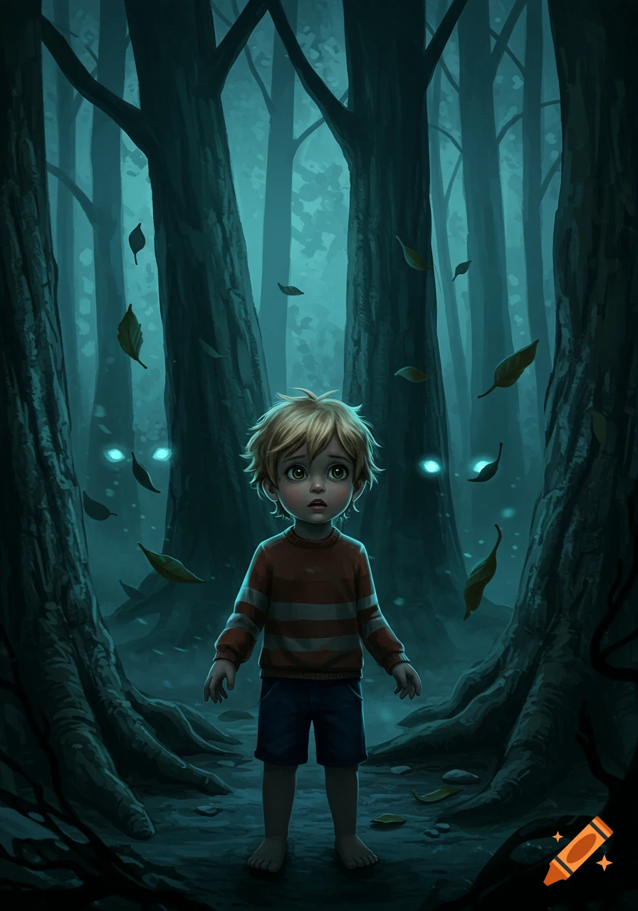 A nervous blonde boy with wide green eyes stands barefoot in a dark, spooky forest with glowing eyes peeking from behind trees.