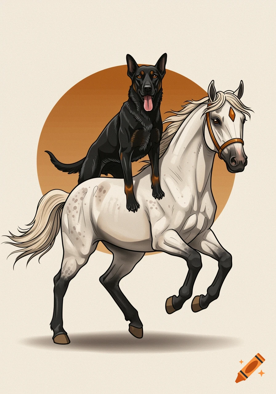A black dog rides a white horse in a neo-traditional tattoo art style, against a warm brown circle background.