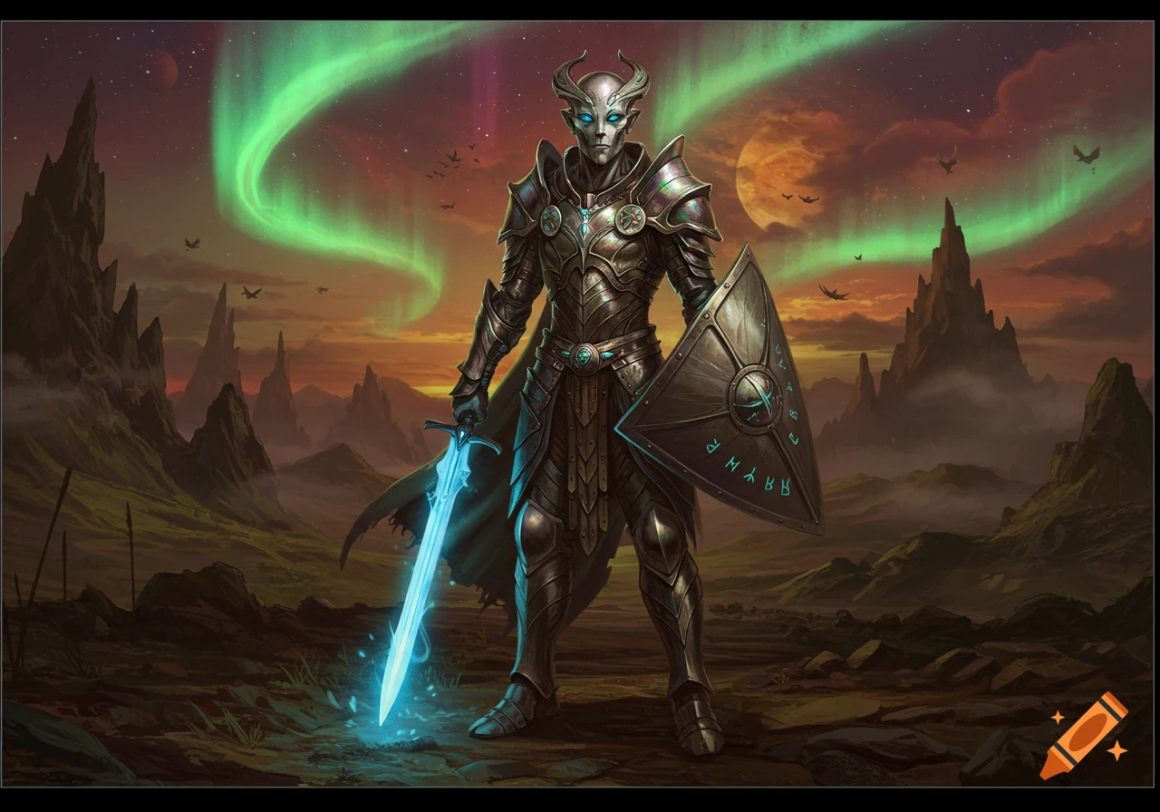 Horned warrior in detailed armor with glowing sword and shield in a fantasy landscape under a green aurora.