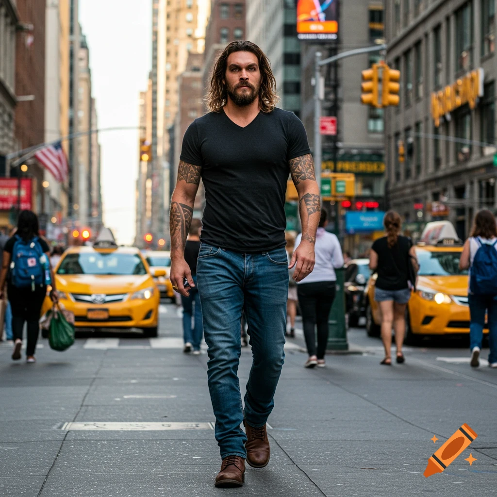 A photorealistic image of a muscular man with long hair and a beard, wearing a black t-shirt and jeans, walking down a busy city street with yellow taxis and tall buildings in the background.