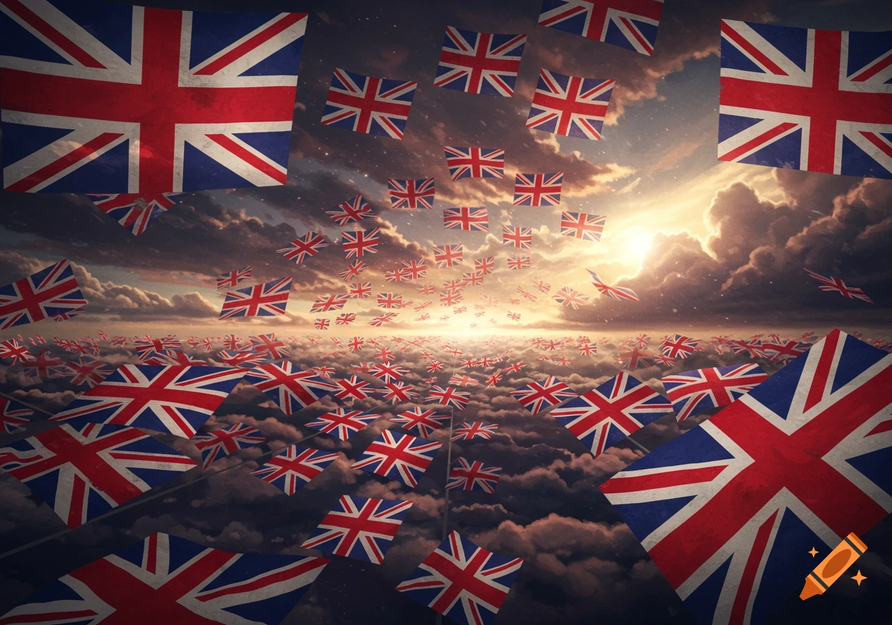 Numerous Union Jack flags floating in a dramatic, cloudy sky with sunlight breaking through.