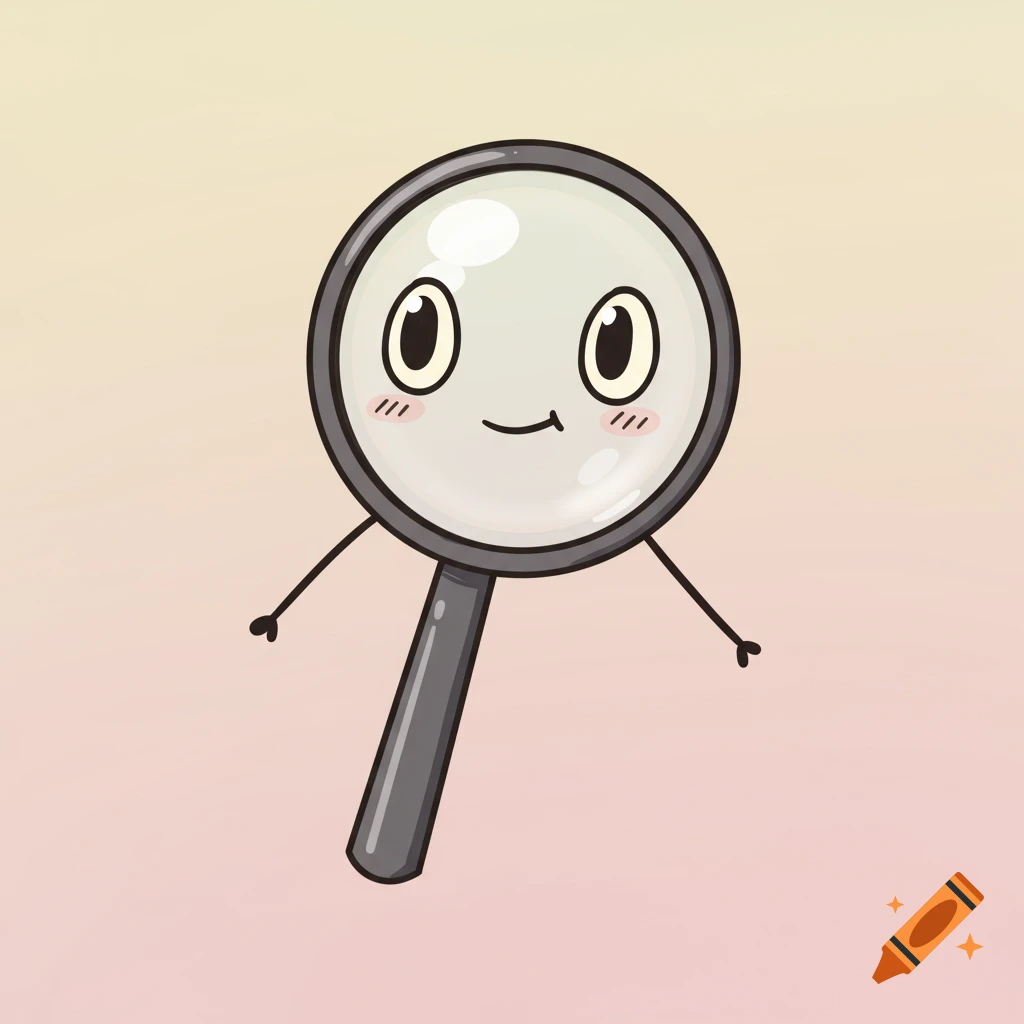 A cute cartoon magnifying glass character with a smiling face, oval eyes, and thin stick arms on a soft gradient background.
