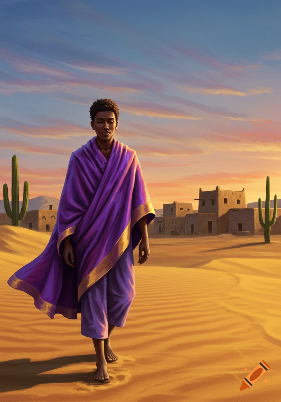 A young holy man in a purple and gold robe walks barefoot through a desert village at sunset.