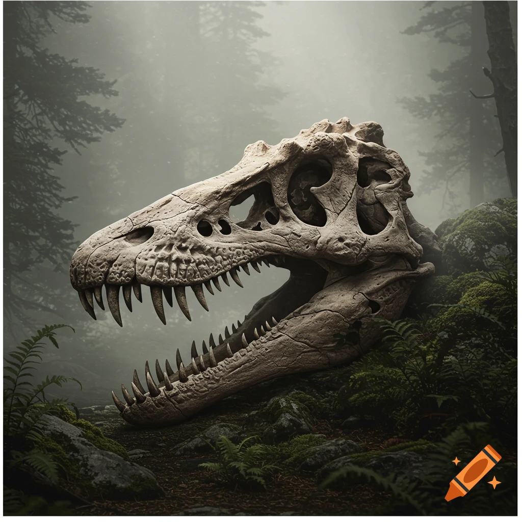 Photorealistic dinosaur skull on mossy ground in a foggy forest.