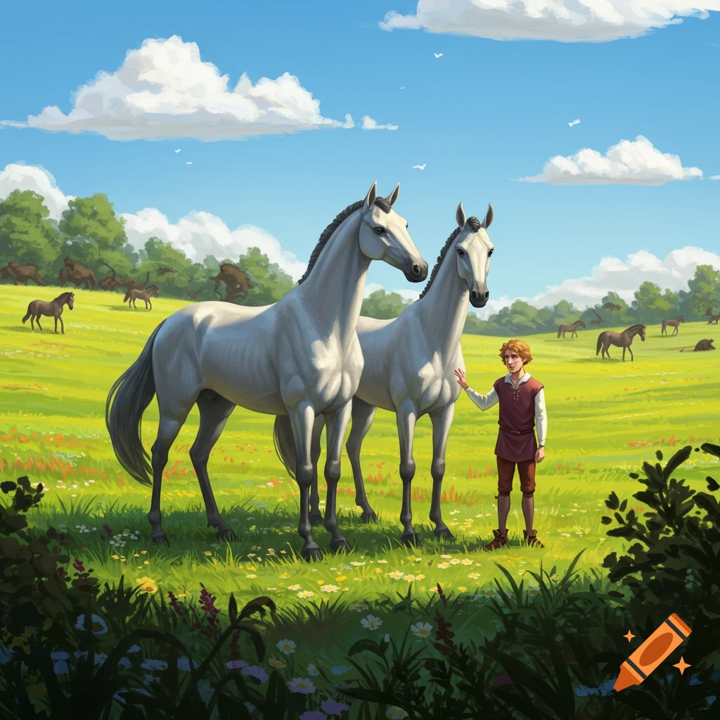 A boy stands next to two large white horses in a lush green meadow under a blue sky. Other horses graze in the distance.