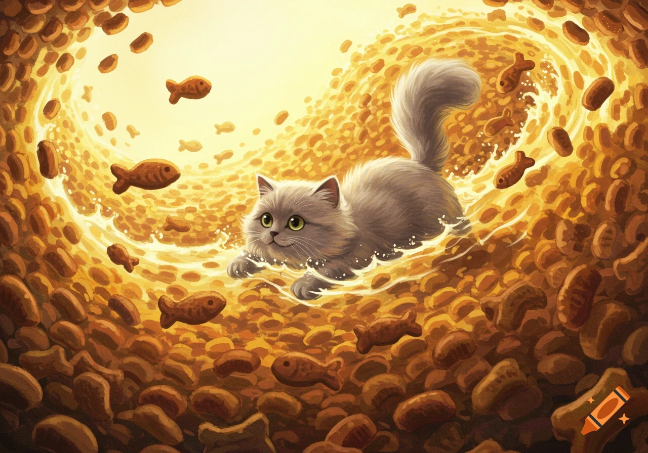 A fluffy gray cat with green eyes swims happily in a swirling river of golden cat food and fish-shaped crackers, in a bright cartoon style.