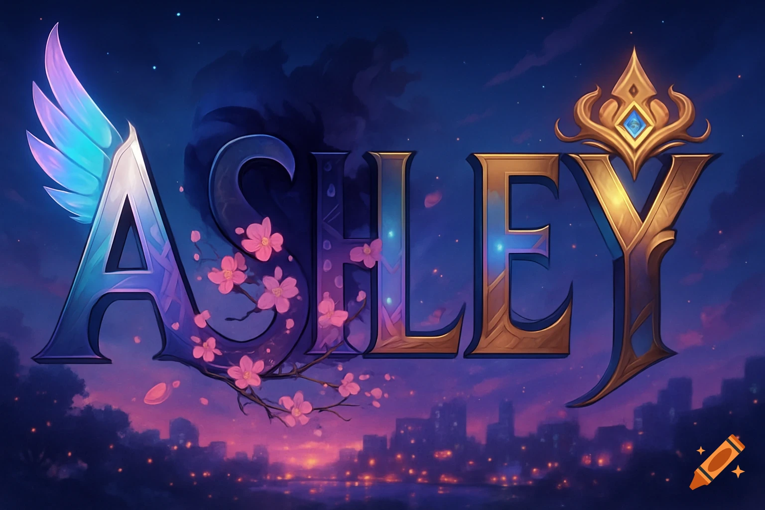 Stylized 'ASHLEY' text in purple and gold, with glowing wings and cherry blossoms, against a night sky with a city silhouette.