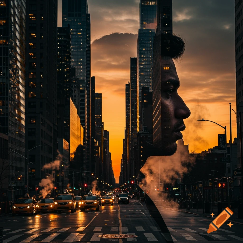 A cinematic double exposure image featuring a man's profile overlaid with a New York city street at sunset, showing skyscrapers and taxis.