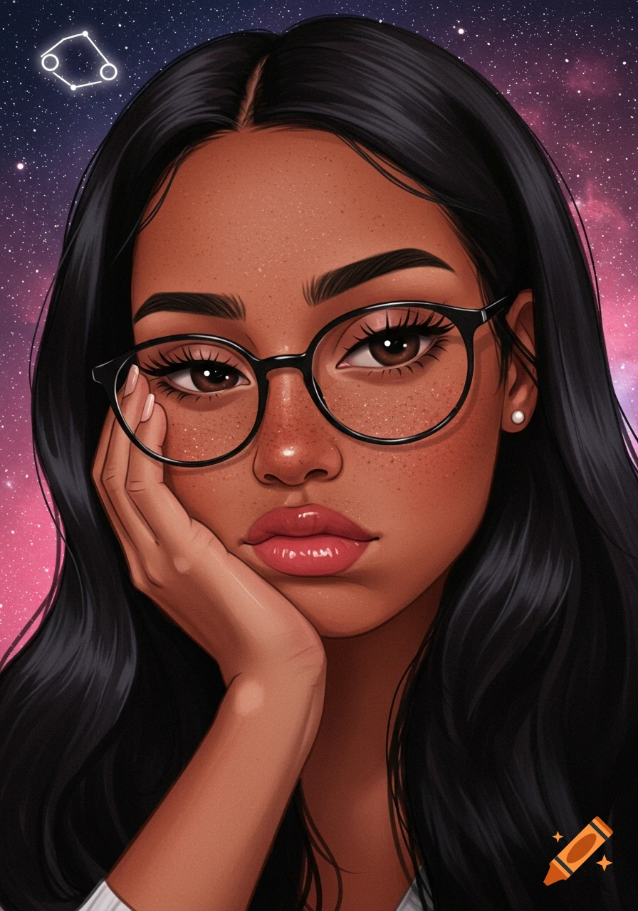 Anime-style portrait of a Latina woman with long black hair, glasses, and freckles, resting head on hand, against a starry sky with the Cancer constellation.