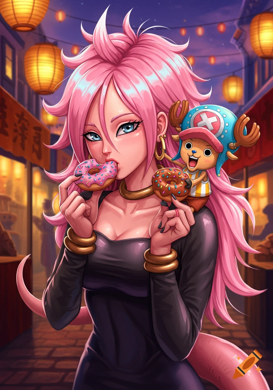 An anime character with pink hair, Android 21, eats a donut while holding another. Tony Tony Chopper sits on her shoulder. They are in a street market at night.